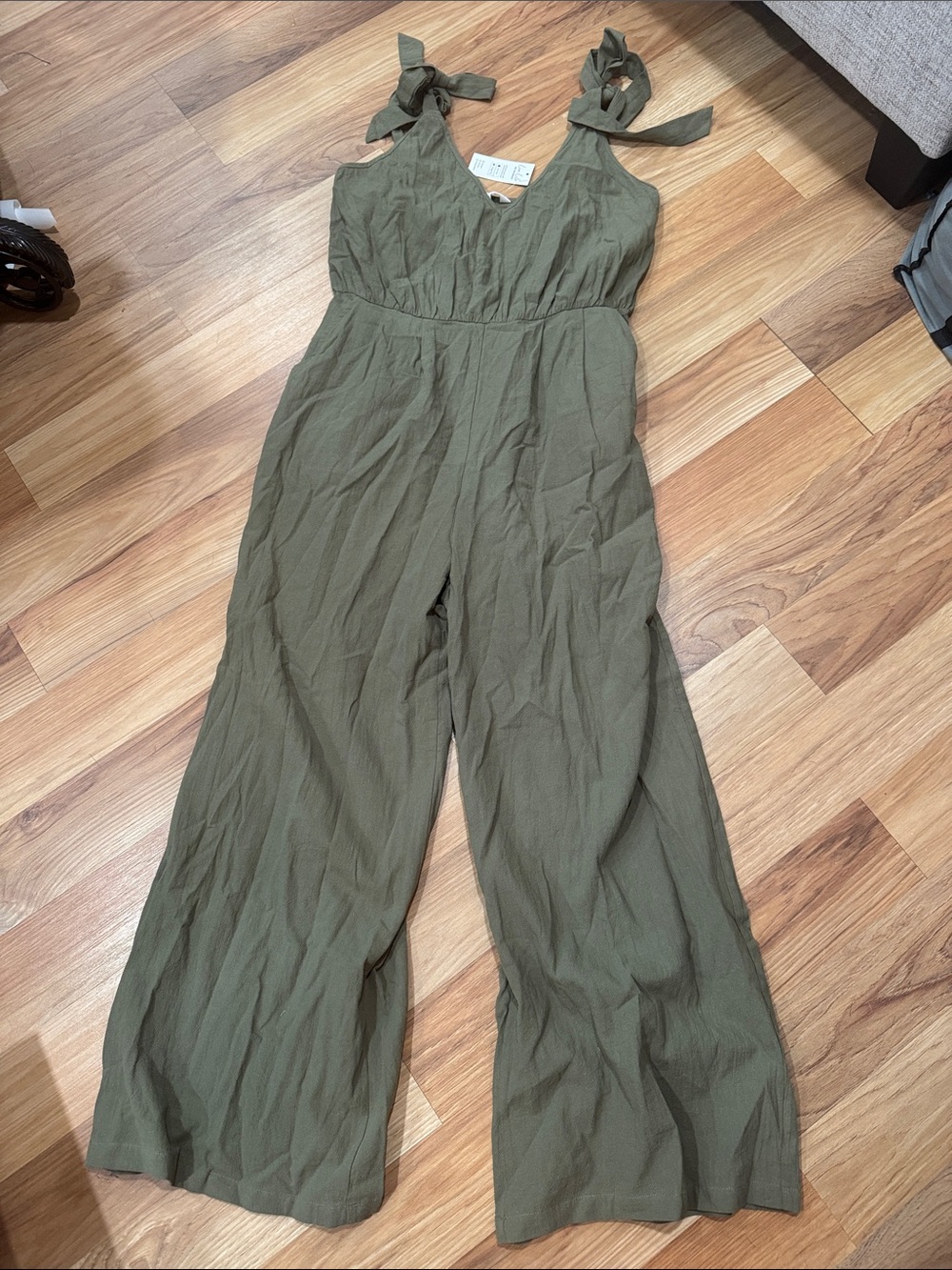 Cupshe Olive Tie-Strap Wide-Leg Linen feel Jumpsuit